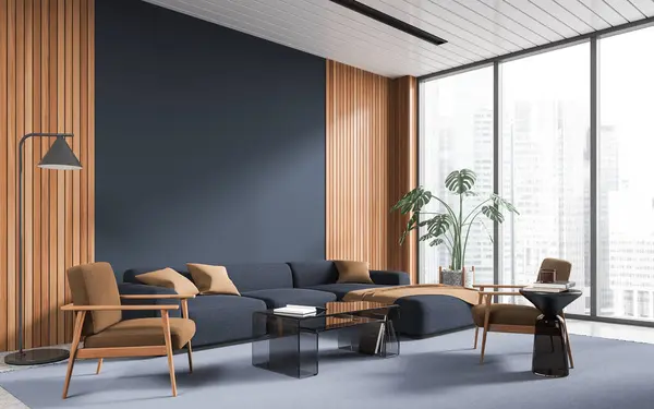 Corner of stylish living room with blue and wooden walls, concrete floor, comfortable blue sofa and two beige armchairs standing near glass coffee table. 3d rendering