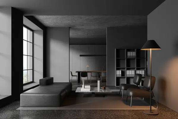 グレーの壁 コンクリートの床 居心地の良い灰色のソファー バックグラウンドの長いテーブルと会議室の近くに立っているアームチェアのスタイリッシュなオフィスの待合室のインテリア 3Dレンダリング — ストック写真