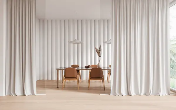 现代餐厅的内部 有白色和玻璃墙 木制地板 长长的餐桌 有米黄色椅子和舒适的白色窗帘 3D渲染 — 图库照片