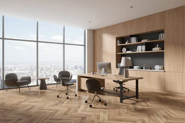 Ecke Des Modernen Ceo Büros Mit Weißen Wänden Holzboden Bequemem — Stockfoto
