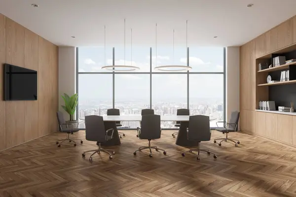 Minimalistischer Konferenzraum Mit Tisch Und Sesseln Parkettboden Gemütlicher Verhandlungsraum Mit — Stockfoto