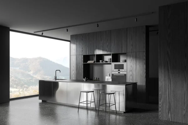 Interior Cocina Casa Oscura Con Barra Metal Contador Fregadero Vista —  Fotos de Stock