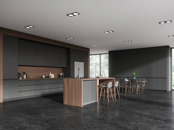 Dark home kitchen interior with bar counter and luxury cabinet design, side view fridge and dining table with armchairs and panoramic window on tropics. 3D rendering