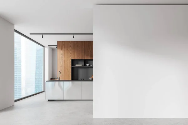 White Home Kitchen Interior Bar Island Wooden Cabinet Kitchenware Panoramic — Stock Photo, Image