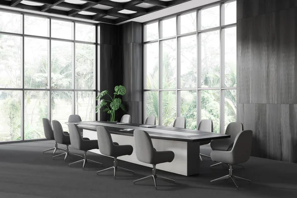 Dark conference interior with chairs and board, side view plant in the corner on carpet. Minimalist meeting corner and panoramic window on tropics. 3D rendering