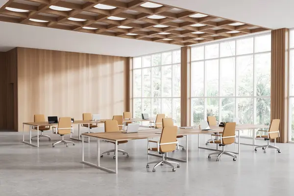 Stilvolles Coworking Interieur Mit Sesseln Und Schreibtisch Reihe Seitenansicht Grauer — Stockfoto