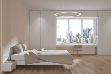 Lüks ev yatak odası iç yatak ve koltuklu masa, ahşap zemin. New York gökdelenlerinde panoramik pencereli rahat bir uyku ve çalışma alanı. 3B görüntüleme