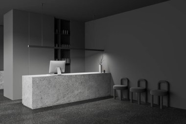 İçi koyu gri salonlu resepsiyon masası, rafı kozmetik, yan görüş bilgisayarı ve sıralı koltukları var. Müşteriler için bekleme ve kayıt yeri. 3B görüntüleme