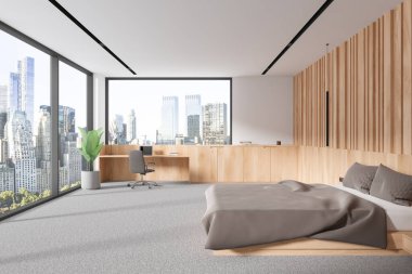 Şık bir otel odası, yatak odası, çalışma odası, masa, yerde halı. Çalışma alanı olan rahat bir uyku odası, New York gökdelenlerinin panoramik penceresi. 3B görüntüleme