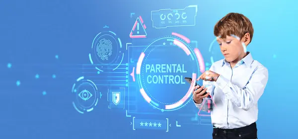 Child Finger Touch Phone Hands Glowing Hologram Hud Parental Control — Stock Photo, Image
