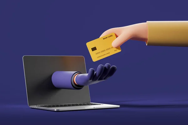 Cartoon character man gives a credit card to a scammer, hand in black glove from laptop screen. Concept of online internet fraud and theft of banking data. 3D rendering illustration