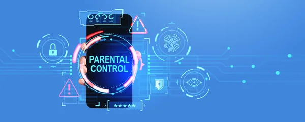 Hand showing phone display with parental control hologram hud, padlock and biometric scanning. Pin code and warning sign with circuit board. Concept of online security and kids safety