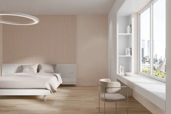 Beige home bedroom interior bed and work space, table and armchair on hardwood floor. Modern minimalist chill place with panoramic window on New York skyscrapers. 3D rendering