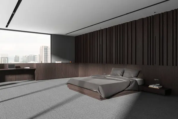 Corner of stylish bedroom with dark wooden and gray walls, carpeted floor, comfortable king size bed with gray blanket and computer desk with chair standing near window. 3d rendering