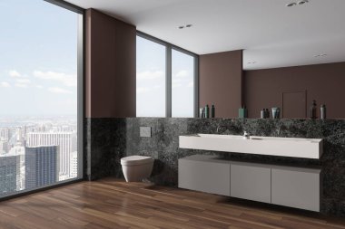 Duvar asılmış tuvalet, çift taraflı lavabo ve ayna olan şık bir banyo. Tuvalet, aksesuarlı lavabo, New York manzaralı panoramik pencere. 3B görüntüleme