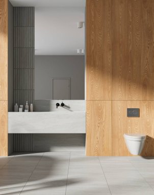 Ahşap ve hafif fayanslı ev tuvaleti duvarda asılı tuvalet, lavabo ve aksesuarlar. Minimalist tuvalet ve şık bir dairede banyo alanı. 3B görüntüleme