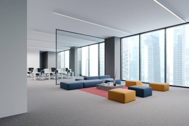 Modern ofis bekleme odasının köşesinde beyaz ve gri duvarlar, halı kaplı zemin, kahve masasının yanında duran parlak koltuklar ve arka planda açık alan. 3d oluşturma