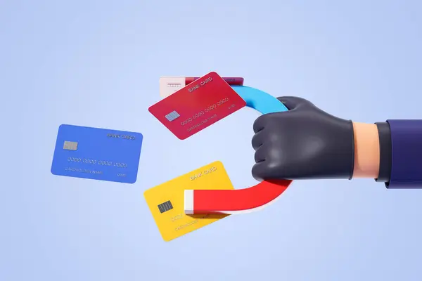 View of cartoon thief hand in black glove holding magnet attracting colorful credit cards over blue background. Concept of theft, fraud and illegal activity. 3d rendering