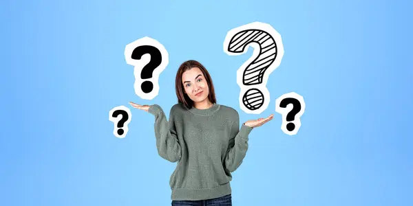 Portrait Shrugging Young Woman College Student Standing Blue Background Question — Stock Photo, Image