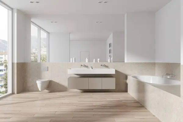 舒适的酒店浴室内部设有壁挂式厕所 双池和浴缸 风格时尚的现代浴室用品 全景窗户在热带地区 3D渲染 — 图库照片