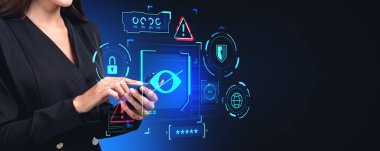 İş kadını elleri telefon, parmak dokunma cihazı. Hassas içerik uyarısıyla sanal ekran hologramı. Çapraz göz, güvenlik ve gizli şifre. Açık veya sansürlenmiş medya kavramı