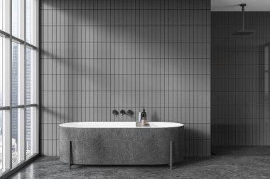 Karanlık ev banyosu içinde küvet, gri granit zeminde cam bölme arkasında duş. Gökdelenlerin panoramik penceresi. Boş fotokopi duvarı. 3B görüntüleme