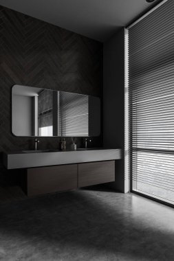 Lüks otel banyo manzarası çift lavabo ve ayna, minimalist aksesuarlar ve dekorasyonla gösteriş. Panoramik pencereli ve jaluzili şık bir banyo alanı. 3B görüntüleme
