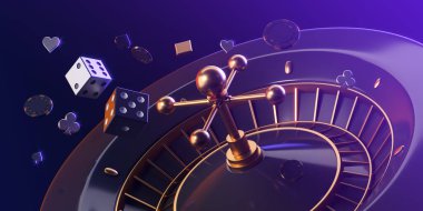 Uçan poker fişleri ve zarlarla dolu büyük bir kumarhane ruleti. İnternet sitesi için geniş format afişi. Online oyun, kumar ve şans kavramı. 3B resimleme