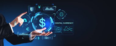 İşadamı elleri ve parmakları parlayan dolar simgesi, grafik çizelgesi ve parlayan göstergelere asma kilitle dokunuyor. Dijital para birimi, engelleme zinciri ve dijital varlık kavramı