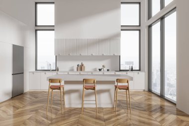 Bar adası, tabure ve ahşap döşemeli beyaz ev mutfağı. Buzdolabı ve mutfak gereçleri olan şık bir yemek odası. Paris gökdelenlerinde panoramik pencere. 3B görüntüleme