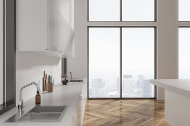 Dolap ve bar tezgahı olan zarif bir ev mutfağı mutfak gereçleri ile lavabo ve soba. Paris gökdelenlerinde panoramik pencere. Şık bir dairede yemek pişirme yeri. 3B görüntüleme