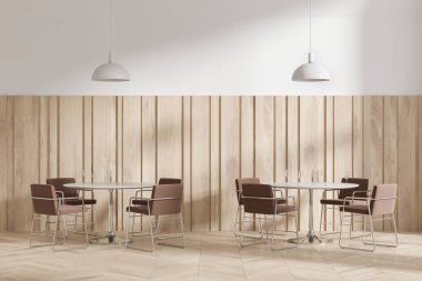 Kahverengi sandalyeli, yuvarlak masalı, gözlüklü ve biberonlu minimalist bir kafe. Lambaları, ahşap panelleri ve ahşap zemini olan modern yemek alanı. 3B görüntüleme