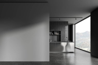 Karanlık otel mutfağının içi metal bar adasıyla dolu, siyah ahşap mutfak gereçleriyle dolu. Kırsal kesimde panoramik pencere. Uzay duvarını kopyala. 3B görüntüleme