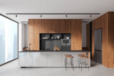 Modern ev mutfağı, içinde lavabo ve fırın olan metal bar adası. Bulaşık ve mutfak gereçleri olan bir dolap, buzdolabı ve gökdelenlerde panoramik pencere. 3B görüntüleme
