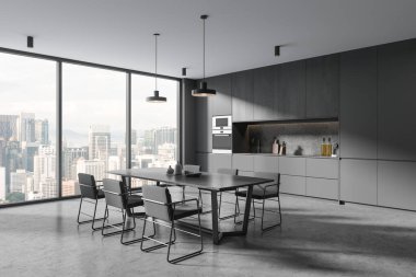 Gri duvarları, beton zemini, koyu ahşap dolapları ve fırında pişirilmiş gri dolapları, lavabosu ve sandalyeli rahat yemek masası olan şık mutfağın köşesi. 3d oluşturma