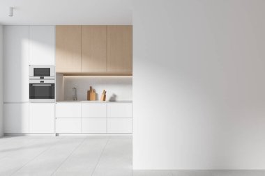 Beyaz mutfak iç mimarisi, şık dolap tasarımı, lavabo fırın ve mutfak gereçleri tezgahta. Fotokopi duvarı bölümü ile yemek pişirme alanı. 3B görüntüleme