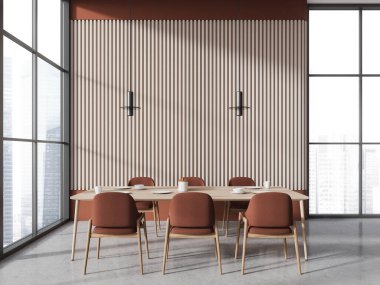 Kahverengi ve ahşap duvarlı modern yemek odasının içi beton zemin, kahverengi sandalyeli uzun yemek masası ve şehir manzaralı panoramik pencere. 3d oluşturma