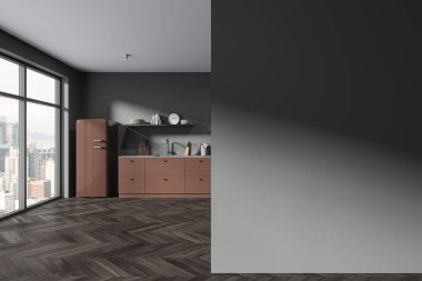 Karanlık ev mutfağı. Dolap ve mutfak eşyaları, dekorasyonlu raflar. Kuala Lumpur gökdelenlerinin panoramik penceresi. Uzay duvarını kopyala. 3B görüntüleme