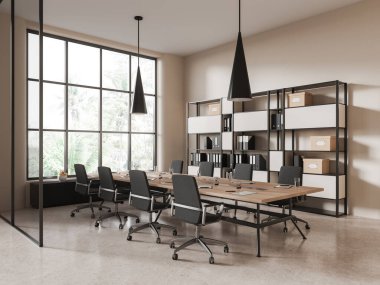 Masası ve koltuğu olan bej rengi toplantı masası, bej beton zeminde klasörleri olan yan görüş rafı. Tropik bölgelerde panoramik penceresi olan samimi cam konferans odası. 3B görüntüleme