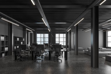 Çalışma odası ve cam toplantı odası olan karanlık ofis, dokümanlarla dolu raf ve bilgisayarlı koltuklar. Şehir gökdelenlerinin dinlenme alanı ve panoramik penceresi. 3B görüntüleme