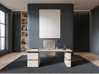 Gri duvarları, ahşap zemini, gri halıda duran bej bilgisayar masası üzerinde dikey maket posterleri ve klasörlü ahşap kitaplığı olan şık CEO ofisinin içi. 3d oluşturma