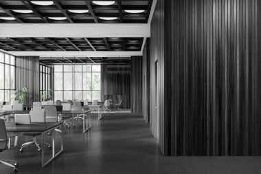 Koyu ahşap duvarları, beton zemini, gri sandalyeli sıralı bilgisayar masaları arka planda cam duvar toplantı odası ve sağda uzay duvarını kopyalayan açık uzay ofisinin içi. 3d oluşturma