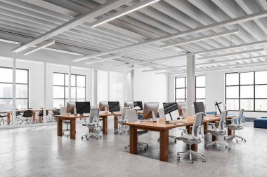 Beyaz ve cam duvarları, beton zemini, devasa ahşap bilgisayar tabloları ve arka planda konferans odası olan modern açık uzay ofisinin köşesi. 3d oluşturma