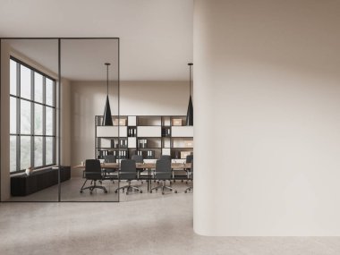 Şık cam konferans masası ve koltukları, içinde bej beton döşeme dokümanları olan raf. Tropik bölgelerde panoramik pencere. Uzay duvarını kopyala. 3B görüntüleme
