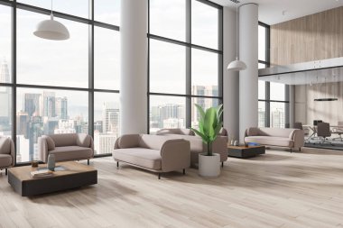 Modern ofis bekleme odasının içinde beyaz duvarlar, ahşap zemin, rahat bej koltuklar ve arka planda kare sehpaların yanında duran koltuklar ve cam duvar toplantı odası. 3d oluşturma