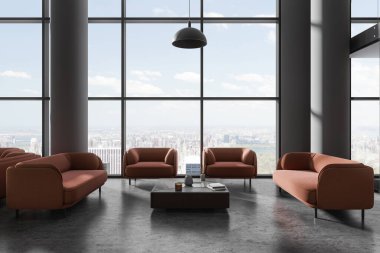 Gri duvarları, sütunları, beton zemini ve kare sehpanın yanında duran rahat kahverengi koltukları olan şık ofis bekleme odasının içinde. 3d oluşturma