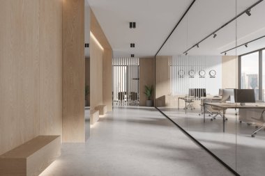 Şık bir iç mekan, cam kapaklı oda, çalışma alanı bilgisayarlı sıra ve bölmeli toplantı alanı. Gökdelenlerin panoramik penceresi. 3B görüntüleme