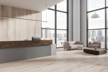 Modern ofis bekleme odasının içinde beyaz ve ahşap duvarlar, ahşap zemin, bilgisayarlı uzun resepsiyon tezgahı ve sehpanın yanında duran iki rahat bej koltuk. 3d oluşturma