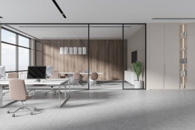 Ahşap ve cam duvarları, beton zemini, bej koltuklu bilgisayar masası, beyaz kitaplık ve arka planda konferans odası olan şık bir açık uzay ofisi. 3d oluşturma