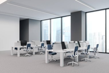 Beyaz ofis içi bilgisayar ve koltuklarla dolu, bölmeli masa paylaşımı. Singapur gökdelenlerinde panoramik pencereli rahat bir çalışma köşesi. 3B görüntüleme